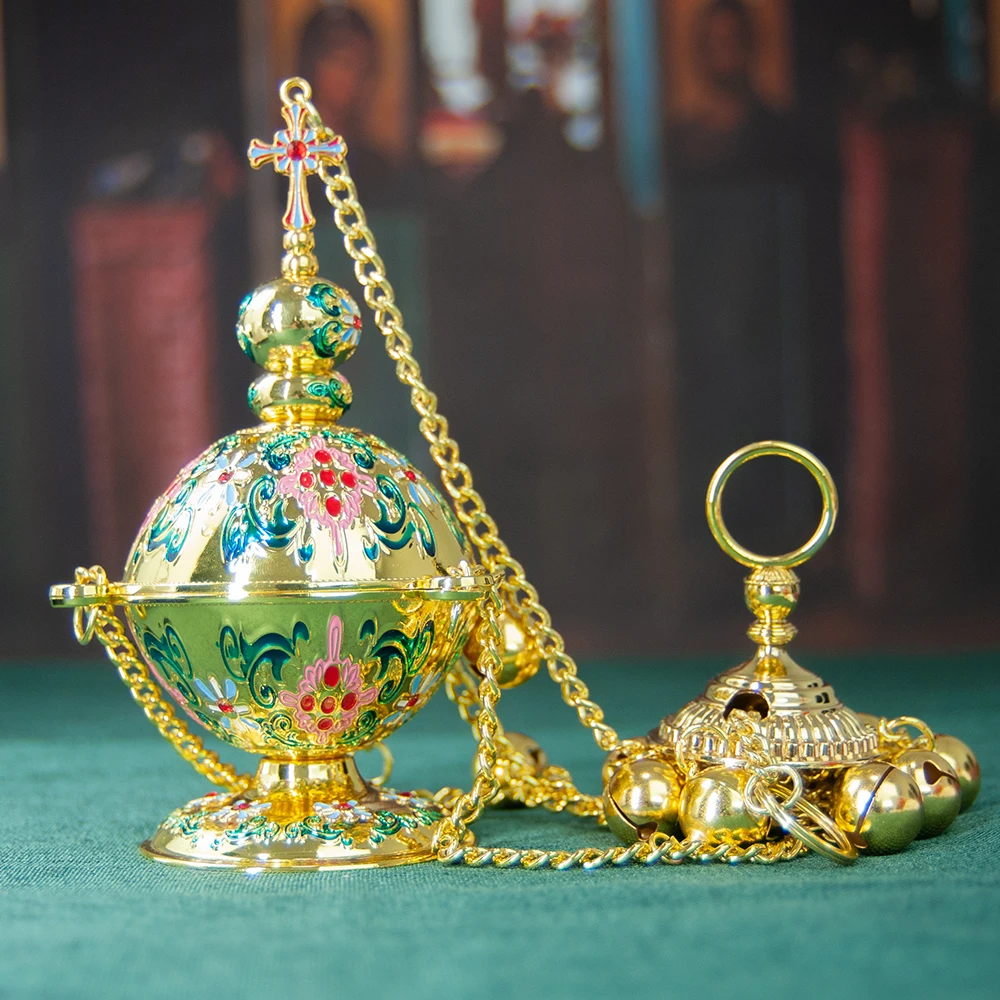 

HT Orthodox Gold Plated Censer with Enamel Home Hanging Incense Charcoal Burner Church Sacrificial Supplies Кадило Золото