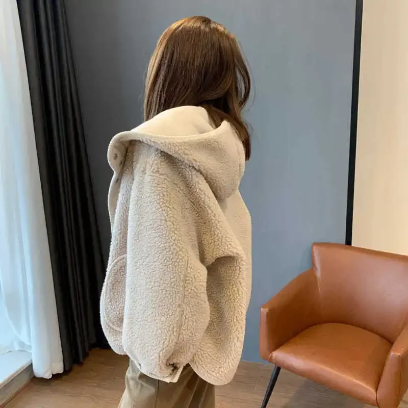 Autumn and Winter Lamb Wool Hooded Patchwork Jacket, Korean Version of Solid Color Loose Casual Single-breasted Downy Coat Women