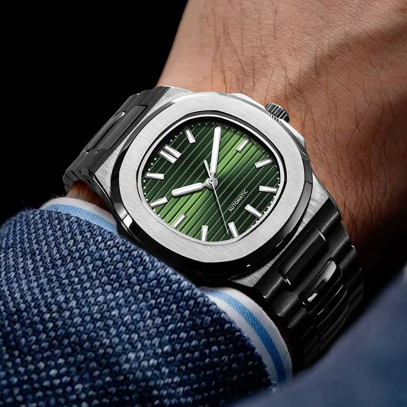 MACARLON 43mm Nautilus Style Automatic Mens Watch China NH35 Sapphire Crystal Luminous Stainless Steel Bracelet Screw Crown