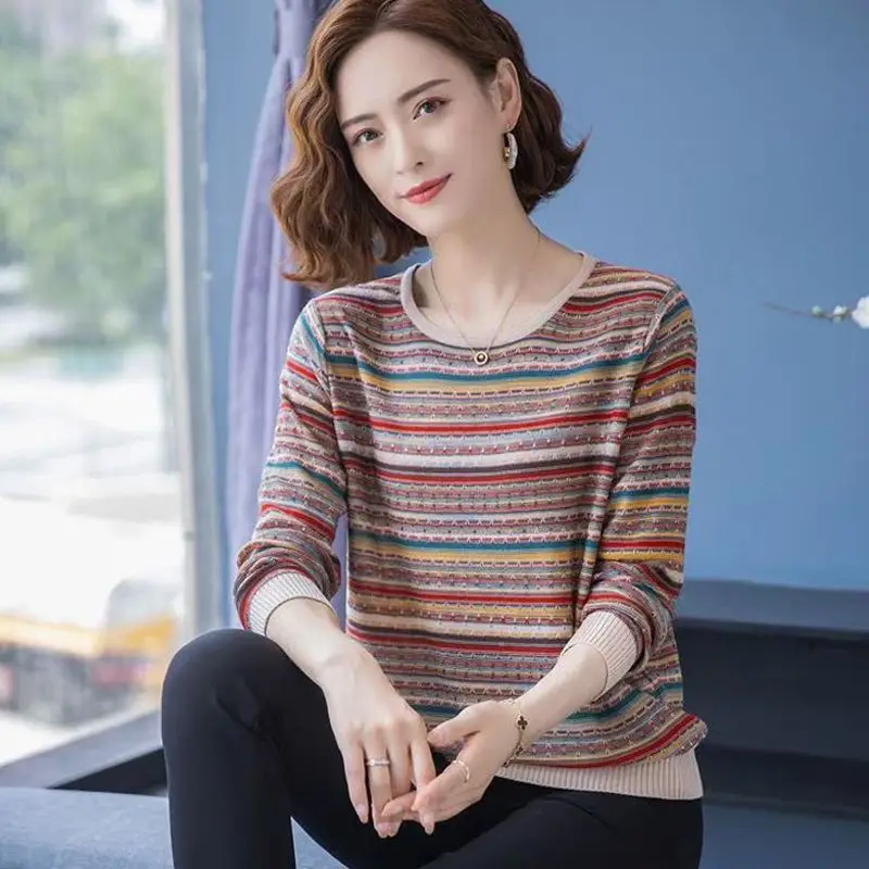 2023 Spring and Autumn Women\'s New Comfortable Long Sleeved Striped T-shirt Versatile Casual Knitted Bottom Shirt Affordable Top