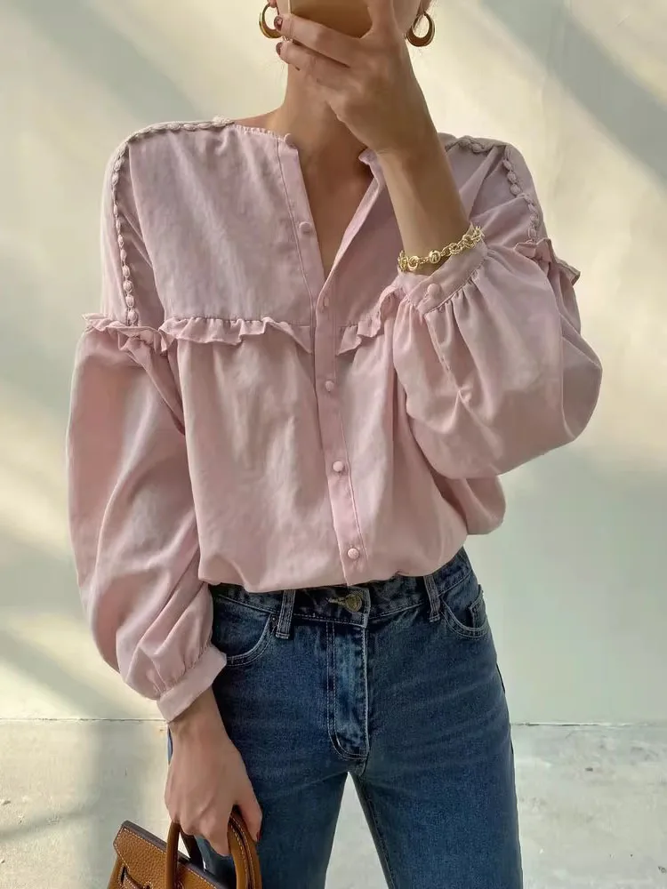 

Chic Sweet Autumn round Ne Loose Bubble Sve irt Women's Top Wooden Splice Casual Versatile Cotton Long Sve