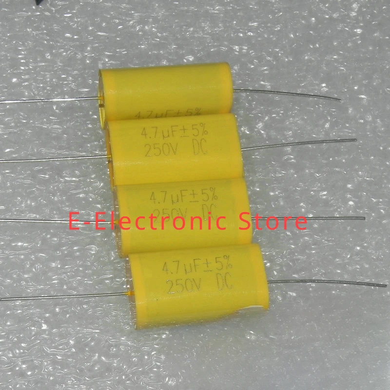 Capacitor de filme fino insensível axial do pé de cobre, 250V, 4.7UF, 475J, 100V, 4.7UF, 150V, 10 PCes pelo lote