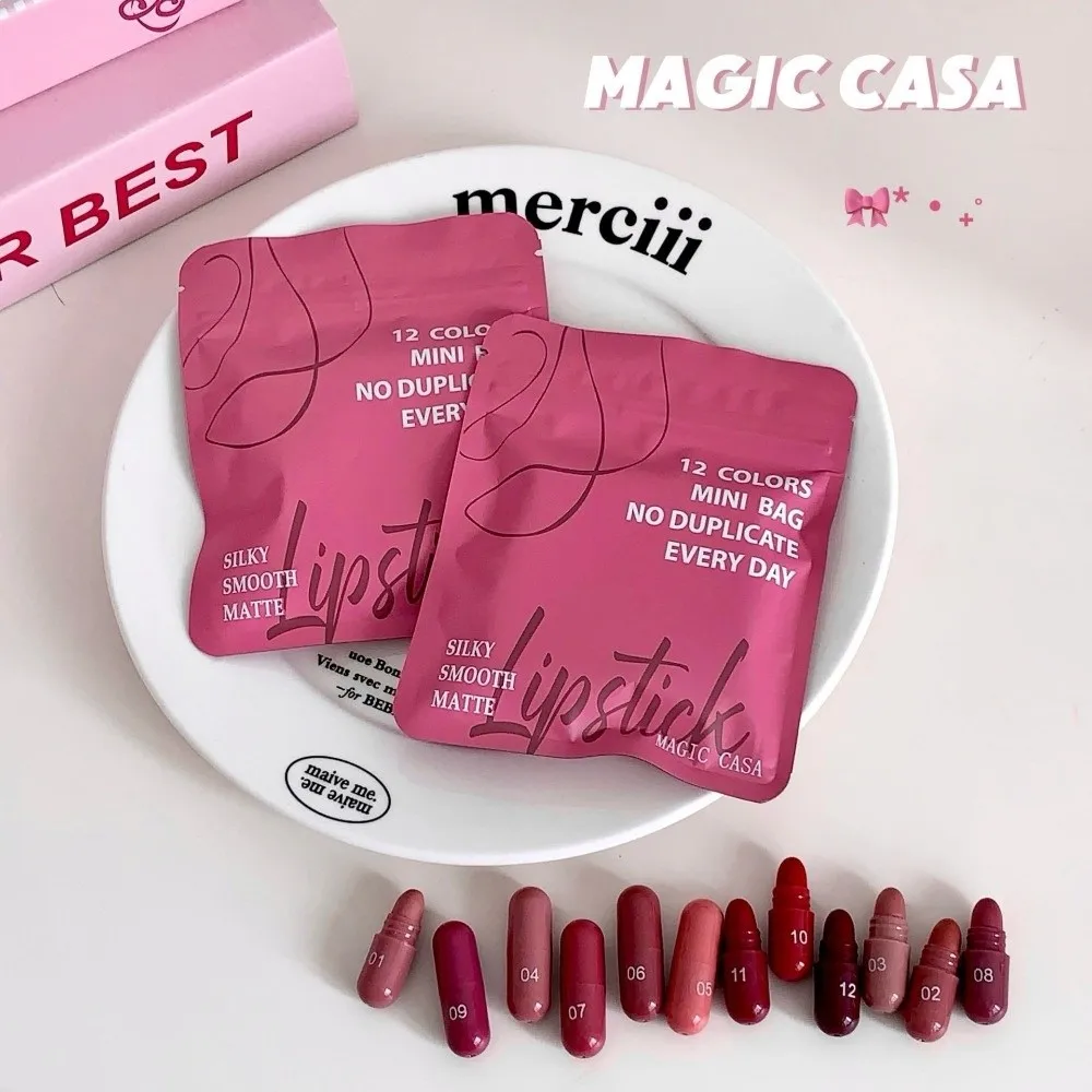 12pcs Matte Finish Capsule Lipstick Set Non-Sticky Texture 12 Colors Velvet Matte Lipstick Long Lasting Lipstick Daily Makeup