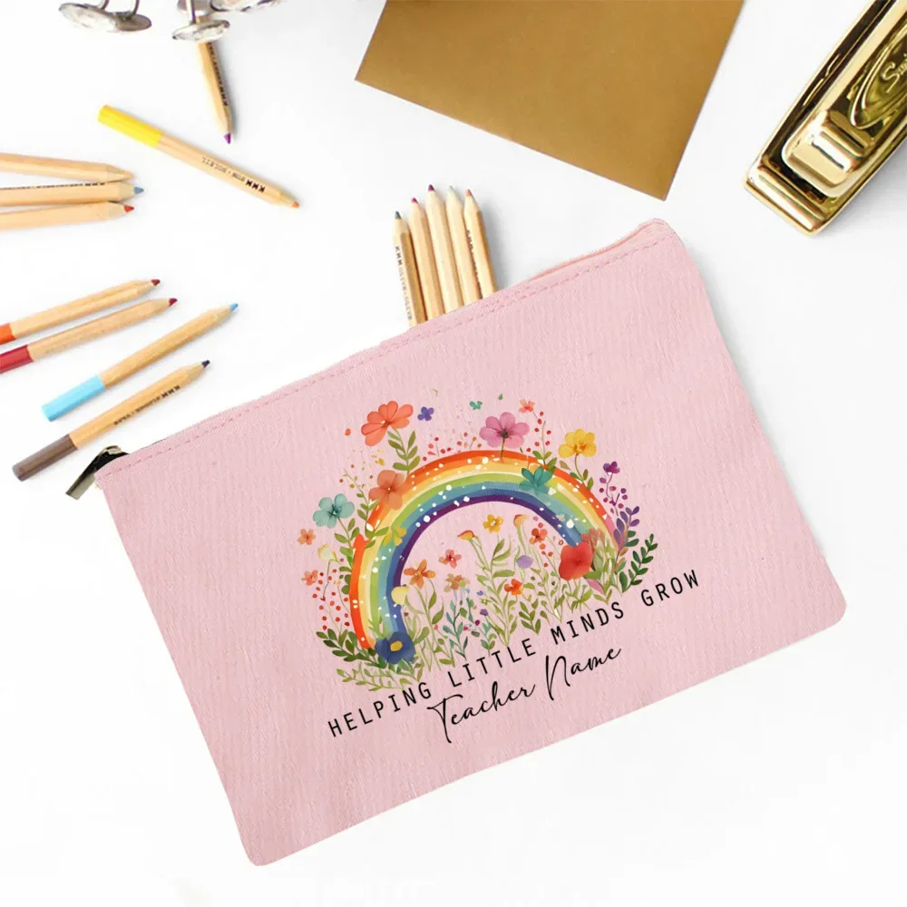 Bolsa de maquillaje con nombre personalizado, bolsa de lona personalizada para estudiantes, regalos para el día del profesor