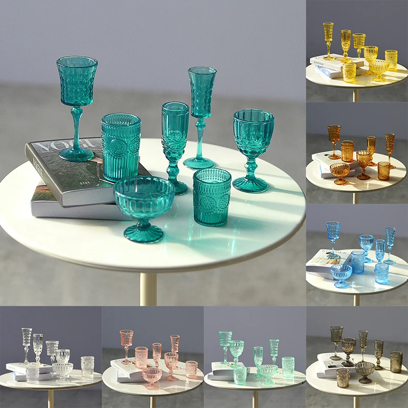 7 ピース/セット 1:6 ミニチュアウォーターカップ彫刻ワイングラスシャンパングラスモデルキッチン家具ドールハウスアクセサリーふりおもちゃ