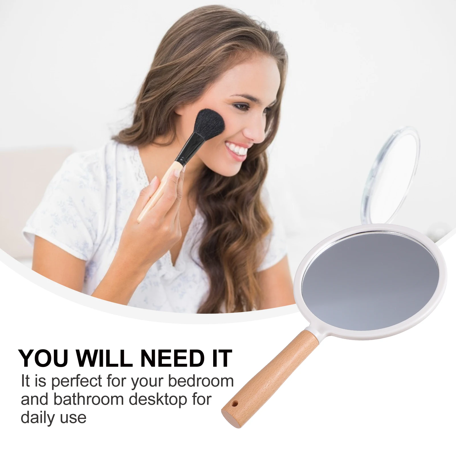 

Portable Vanity Mirror Round Beech Wood Handle Handheld Salon Barber Makeup Mirrors for Women Travel Business Trip