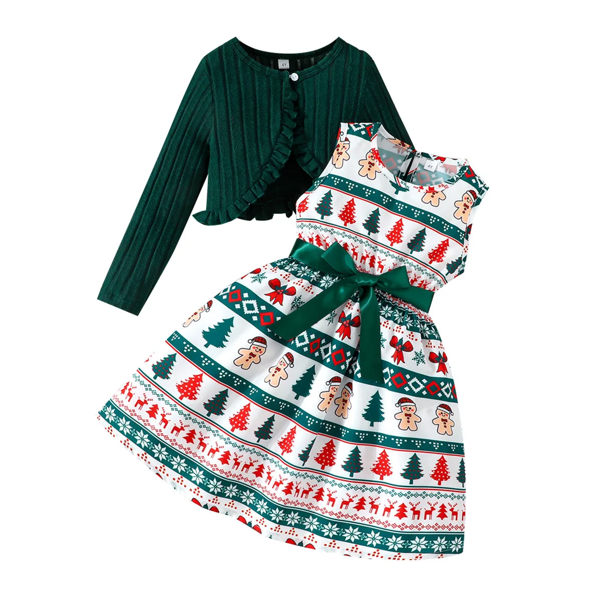2026 Christmas Girls' Set Gingerbread Man Christmas Tree Printed Dress Green Ruffle Edge Knitted Open