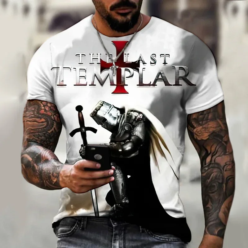 T-shirt vintage stampata in 3D dei Templar Knights, top a maniche corte, vestibilità ampia casual oversize, camicia estiva da uomo Harajuku