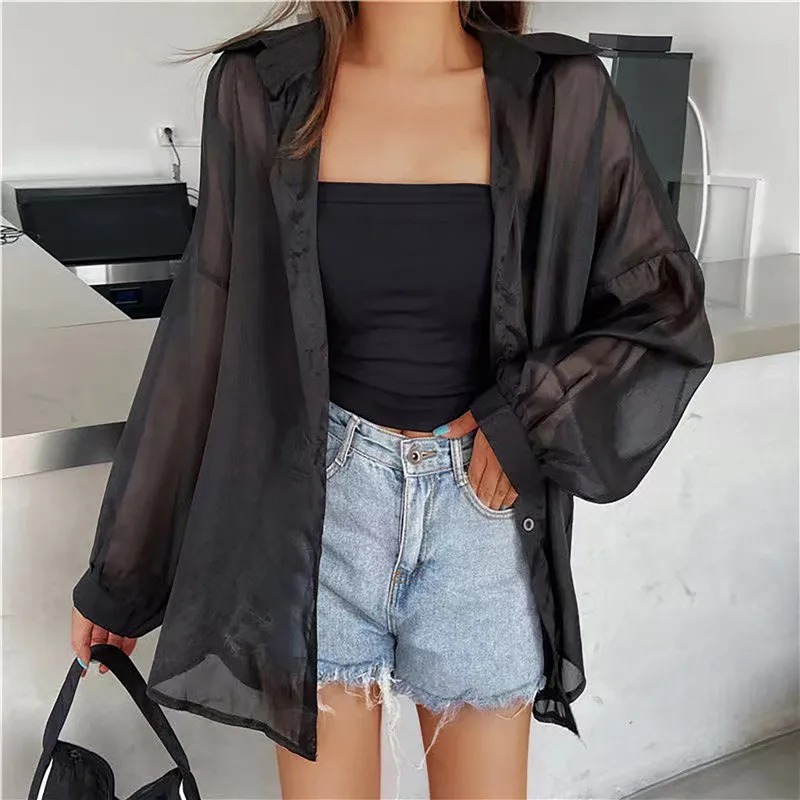 Summer Thin Shirts Women Loose Chiffon Long Sleeve Top Basic Sun Protection Shirt Korean Soft Beach Blouses Holiday Ladies Shirt