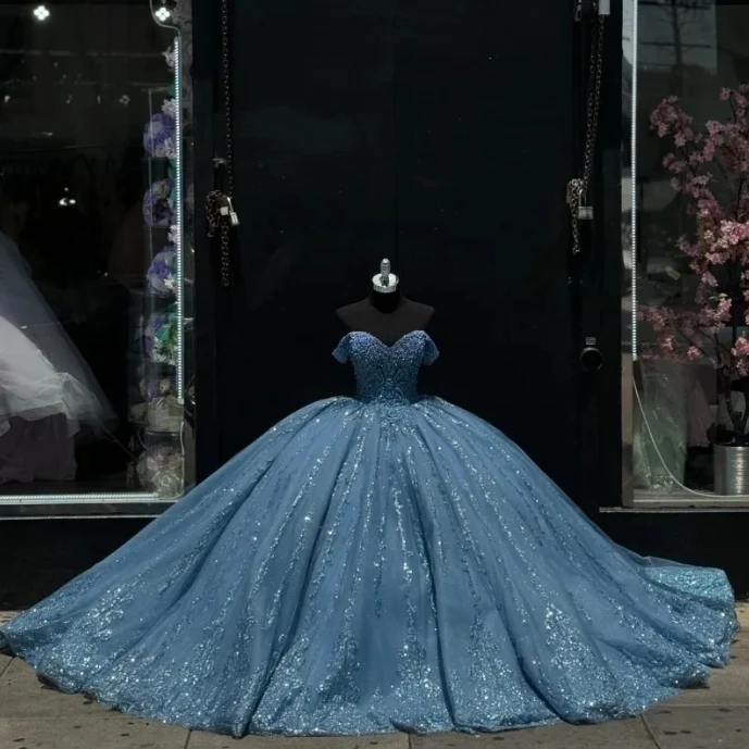 Изысканное темно-синее платье Quinceanera Роскошные бусины с блестками сердечком с открытыми плечами на свадьбу vestidos de quinceañera