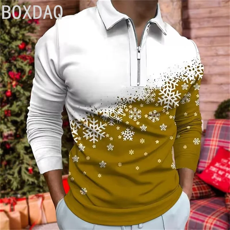 Men Polo Shirt 3D Snowflake Graphic Christmas Style Polo Shirt Oversized Men Autumn Long Sleeve Turndown With Zipper Polo Shirt