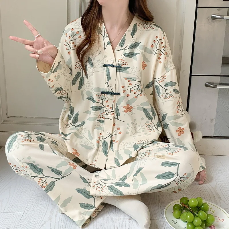 Cotton Home Clothes Sleepwear Kawaii Women Clothing Big Size Pajama Sets Long Sleeve V-neck Buttons Two Sets Nightwear Pants