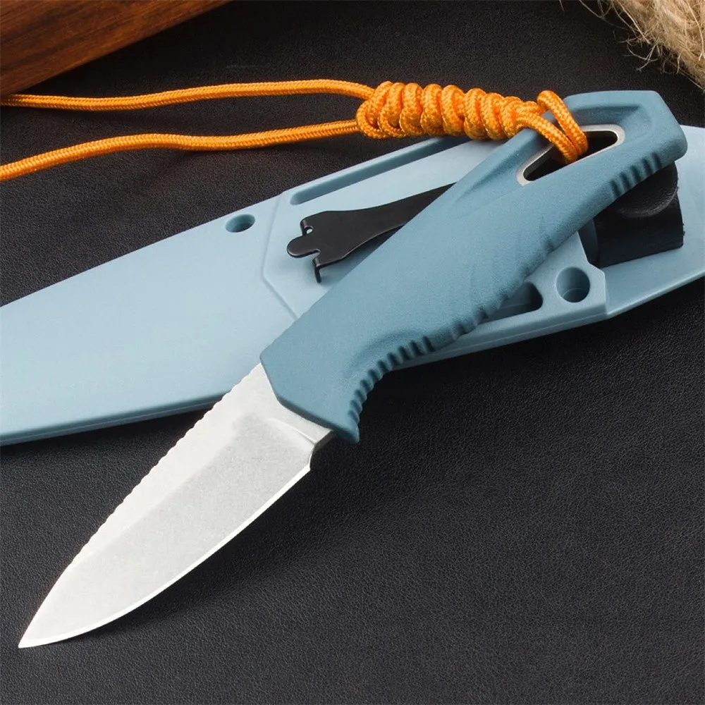 BM 18050 Water Intersect Straight Knife Stonewashed Drop Shape Fixed Blade Blue Handle and Sheath Outdoor Tactical Hunting Knife