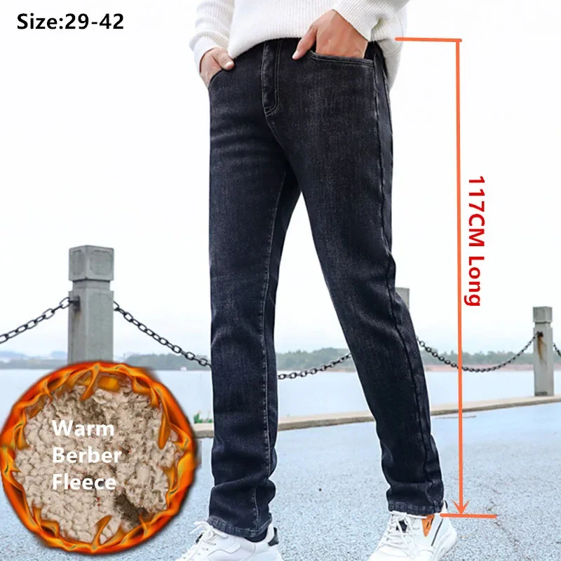 

Fleece Warm Tall Men Jeans 117CM Straight Slim Fit High Waisted Winter Plus Size 42 40 38 Denim Black Extra Long Berber Trousers