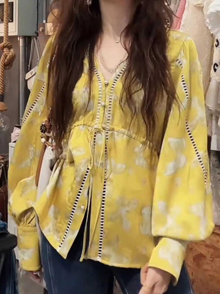 

Double-Sided Print Commuter irt Women's Simple Sle Casual Loose Fit Long Sve V-Ne Breathable Polyester 2025 Autumn New