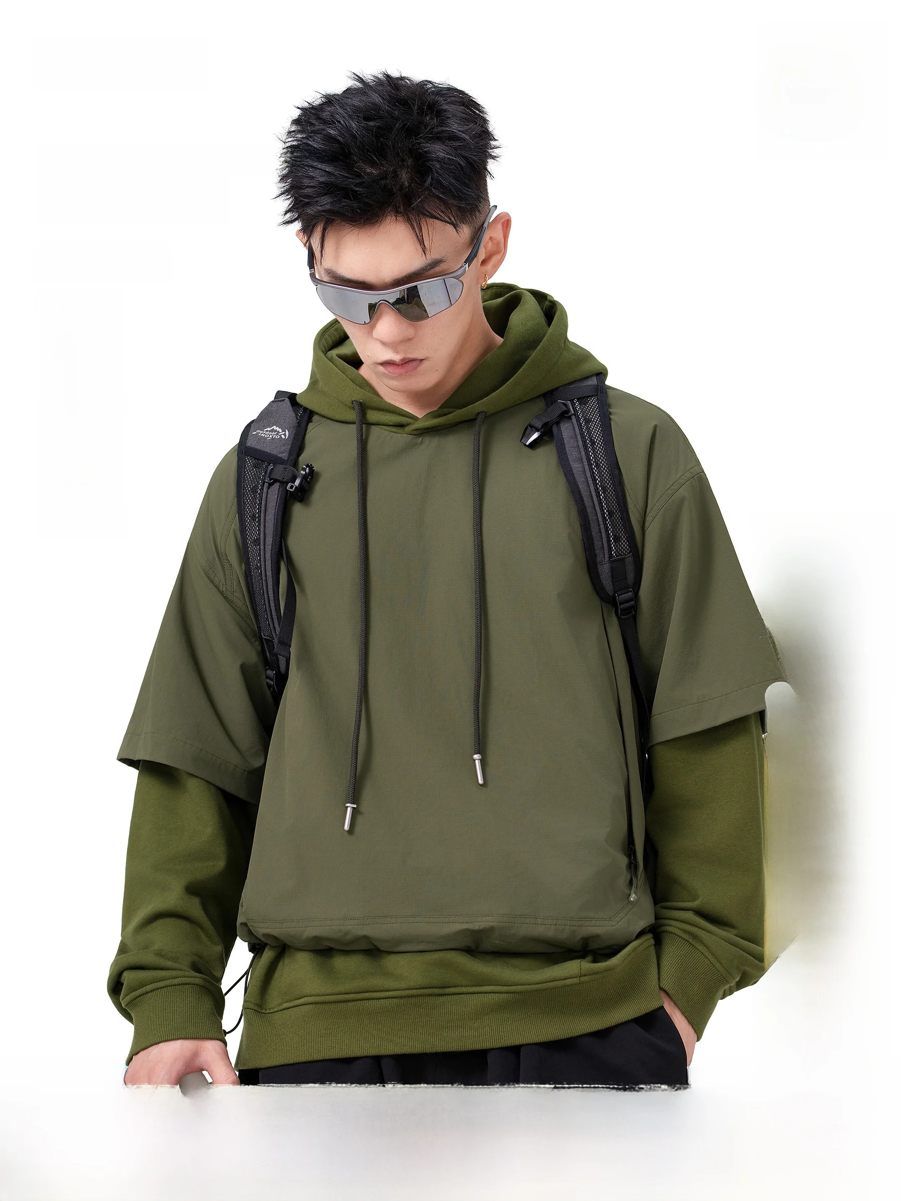 Outdoor Hooded Fake Two-Piece Sweatshirt Unisex Loose Functional Heavyweight Overhead Trendy Cotton Polyester Blend Long Sleeve
