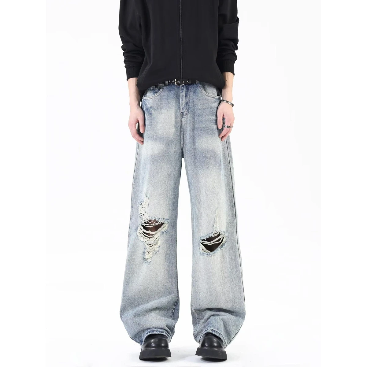 

Washed Distressed Men's Jeans American Street Style Spring Autumn Loose Straight Leg High Street Vibe Long Trousers