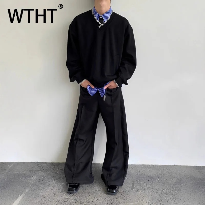 

WTHT модные осенние мужские однотонные повседневные футболки с карманами, модные свободные топы с v-образным вырезом и длинными рукавами, мужские 2A2036