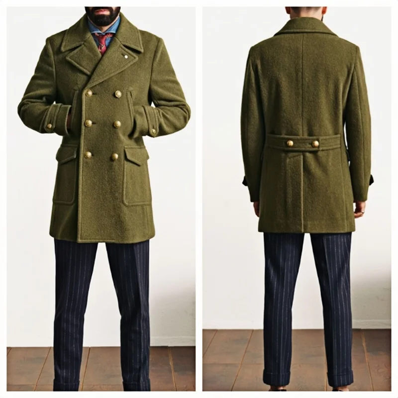 

Long Woolen Blended British-Style Green Trench Coat for Men Thick Double-Breasted Suit Jacket for Fall/Winter