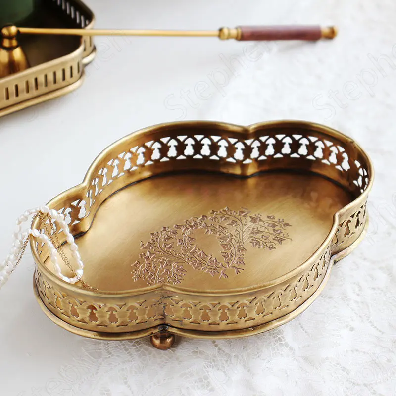 

Vintage Brass Relief Storage Tray American Classical Handmade Pure Copper Trays Decorative Living Room Tea Cup Wine Storage Tray