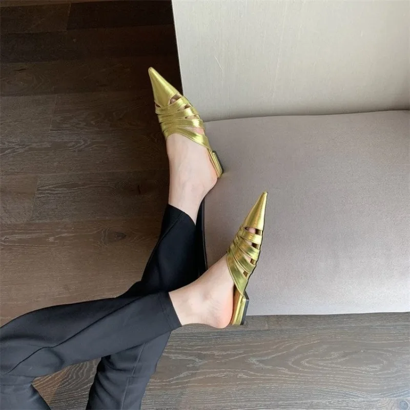 Women\'s Shoes Mules Slippers Spring Summer Sandals Woman Gold Sliver Elegant Low Heels Sexy Designer Slides Slip-on Dropshipping