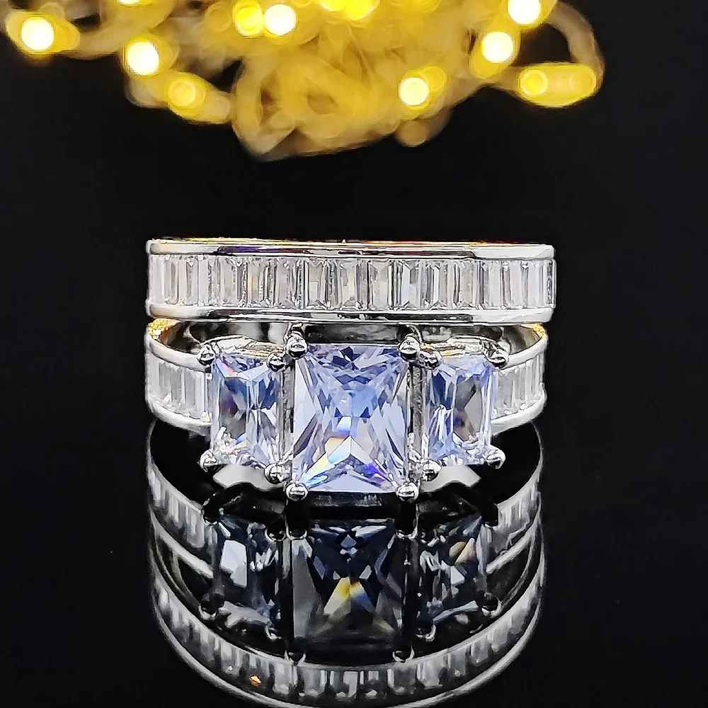 2025 New Luxury Princess Silver Color Bride Wedding Ring Set Africa Bridal for Women Lady Anniversary Gift Couple Jewelry R5397