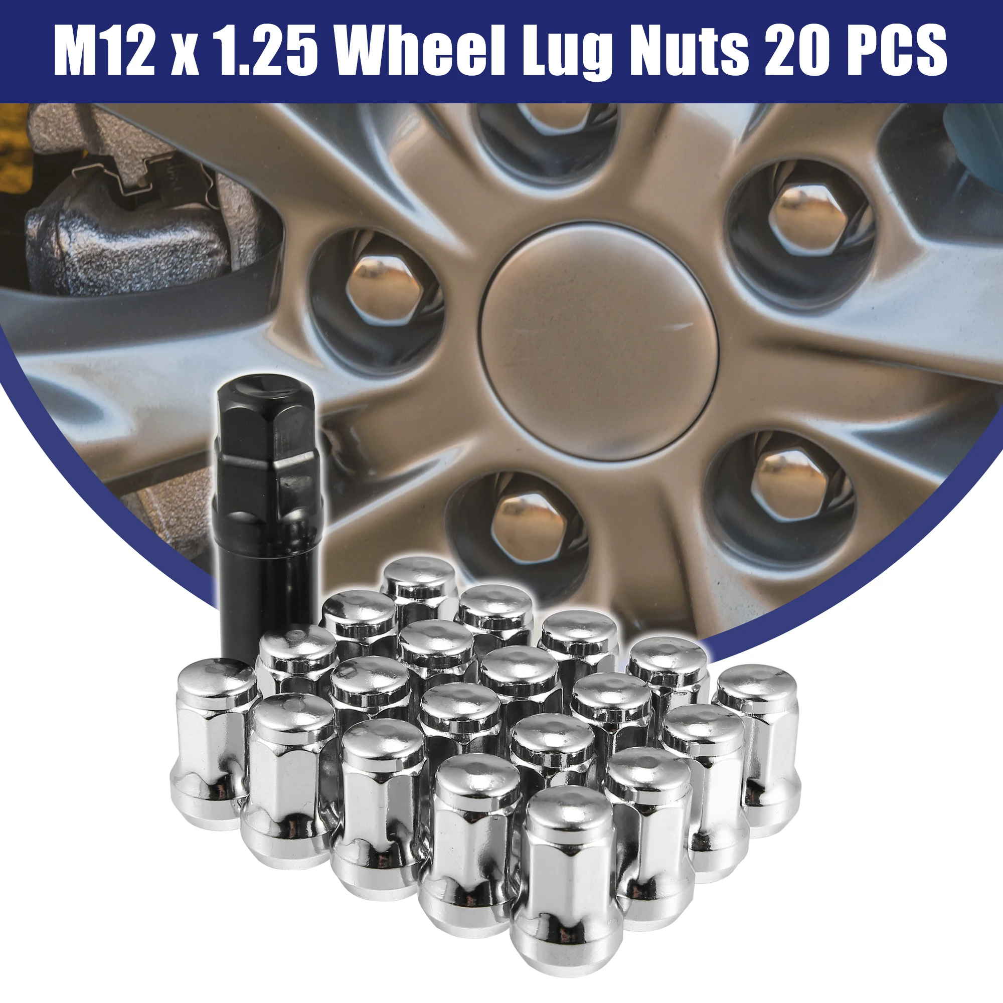 UXCELL 1 Set M12x1.25 Car Heptagon Lug Nut 32mm Screw with Socket Key Silver Tone