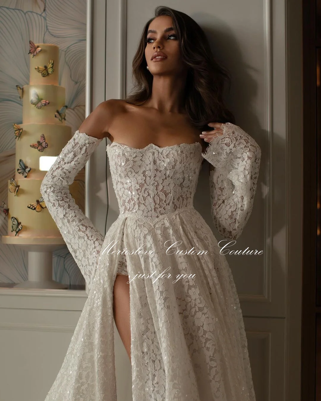 Merioslove-exquisitos vestidos de novia con apliques de encaje, vestidos de novia de manga larga sin tirantes, abertura lateral, línea A, Playa