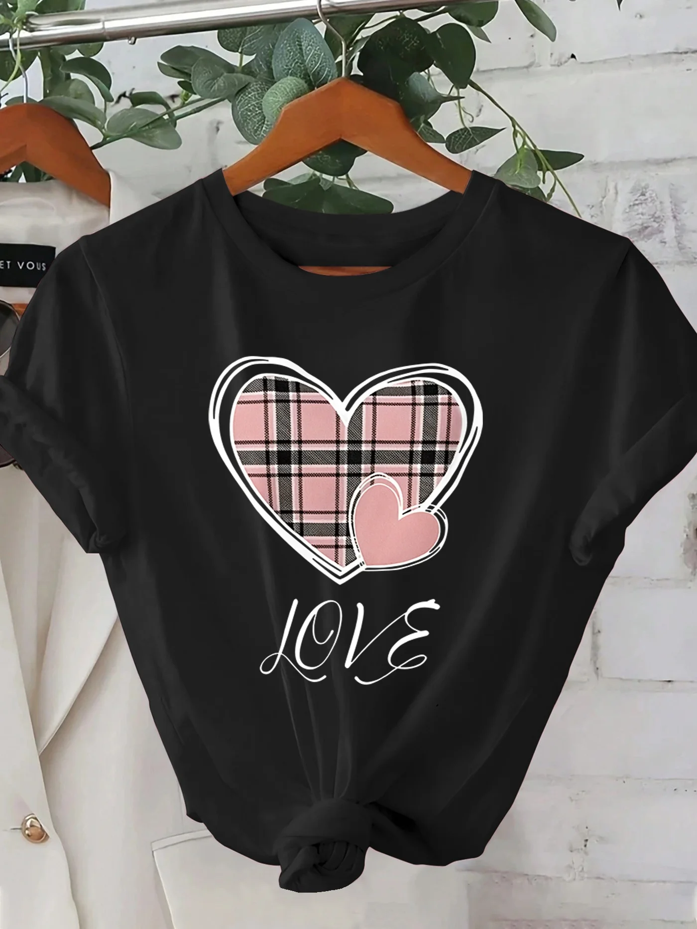 Pink Checkered Love Pattern Printed Summer Women's T-shirt Cutecore  Round Neck Short Sleeved Clothing Casual  Harajuku Sale Top