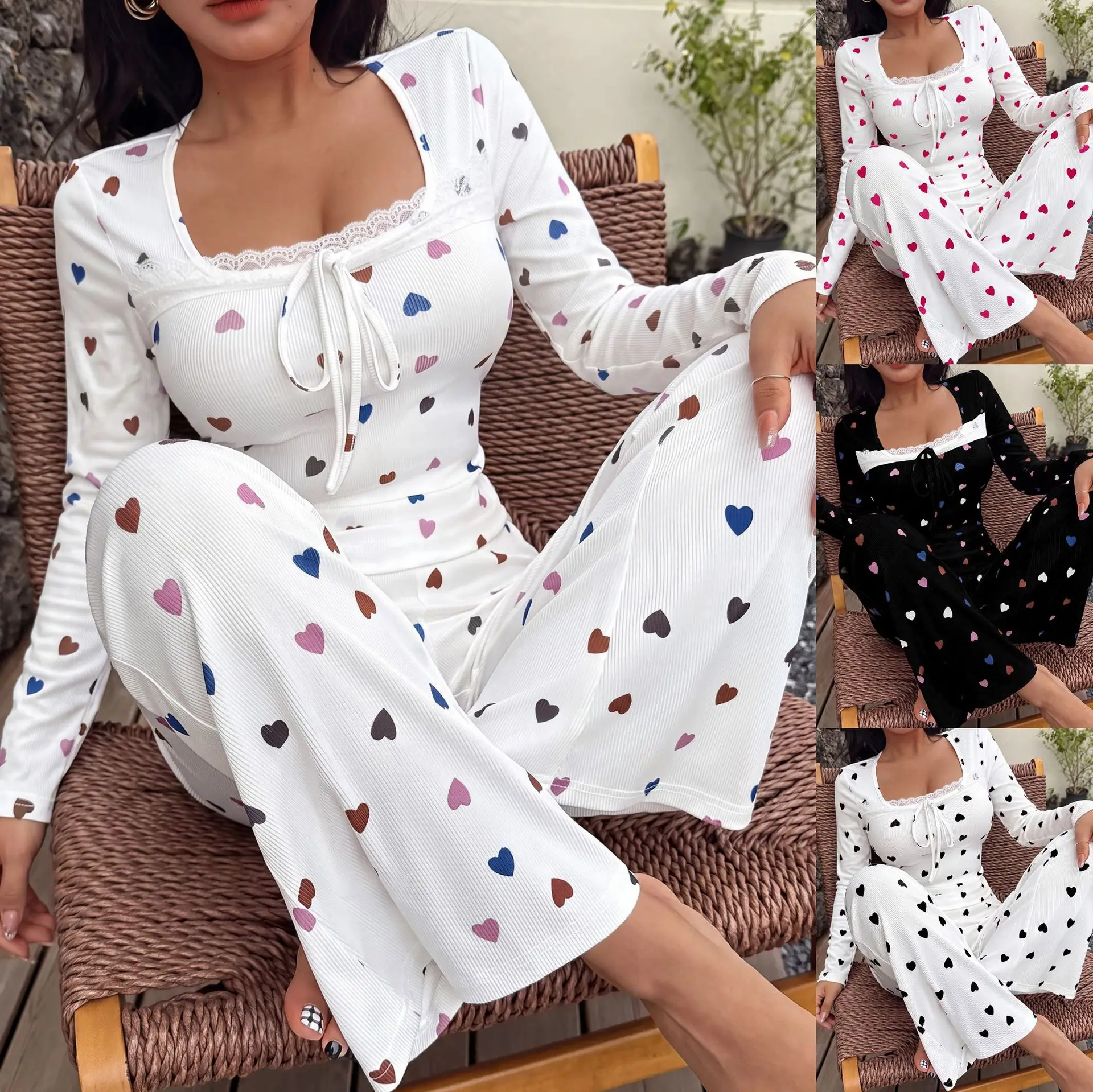 American-Style Spring and Autumn New Women's Fashion Pajamas, Comfortable Lace Homewear, Ribbed Long-Sleeve Top and Pants Set