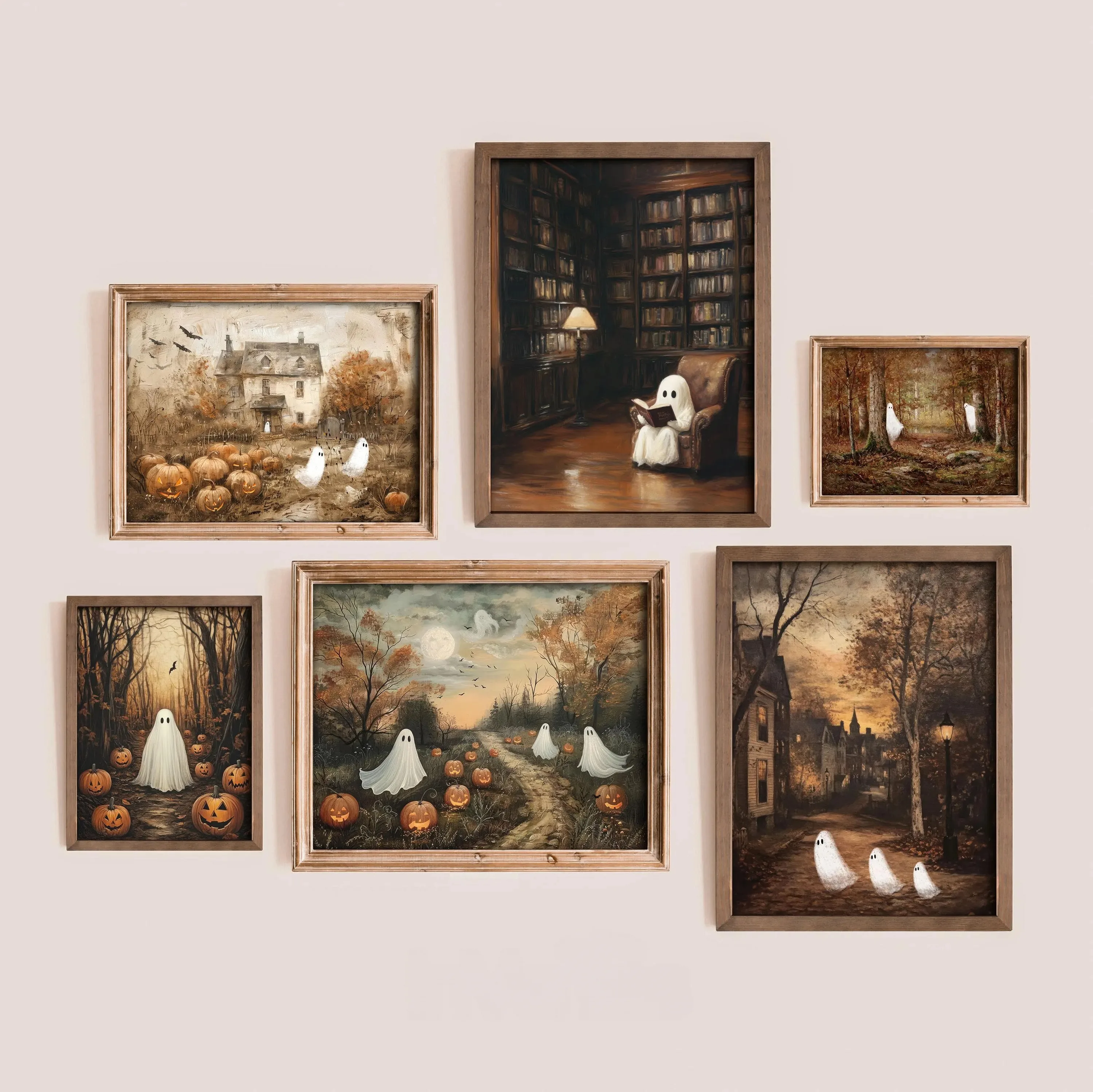 English Library Ghost Read Halloween Canvas Print Pumpkin Bat Witch Haunted House Autumn Wall Art Poster for Modern Home Decor