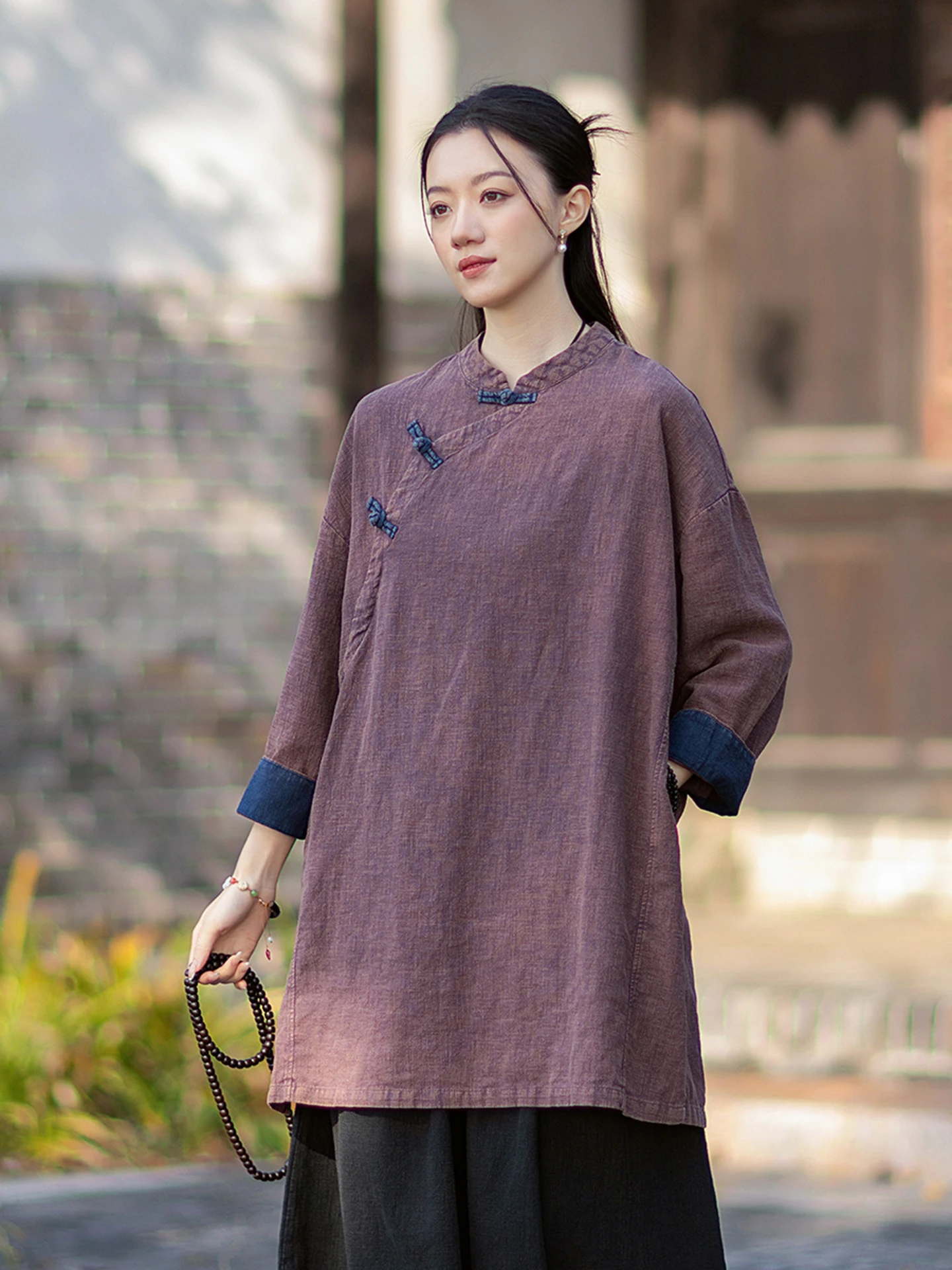 High-End Cotton Linen Women's Retro Chinese Style Tea Clothes Coat Long Sleeve Stand Collar Side Buttoned Loose Fit Outerwear