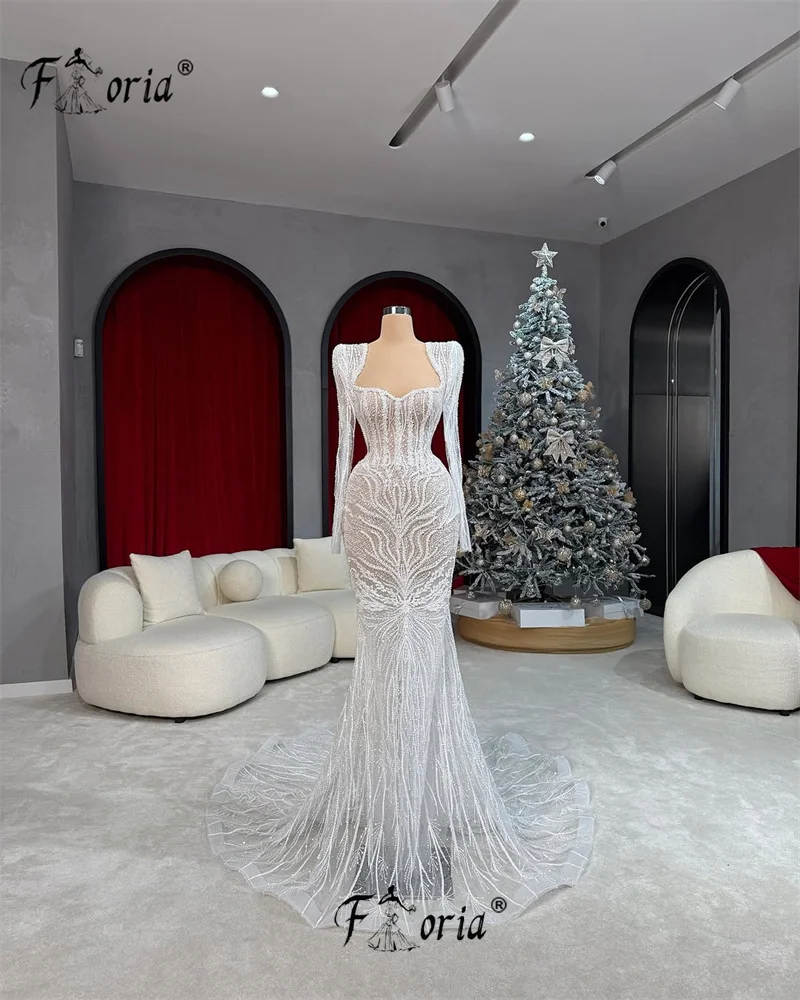 Robe de Rhsirène blanche à manches longues, perles pleines, robe personnalisée de luxe, soirée formelle de Dubaï, quelle que soit la sion tueuse, gala de mariage, 2025