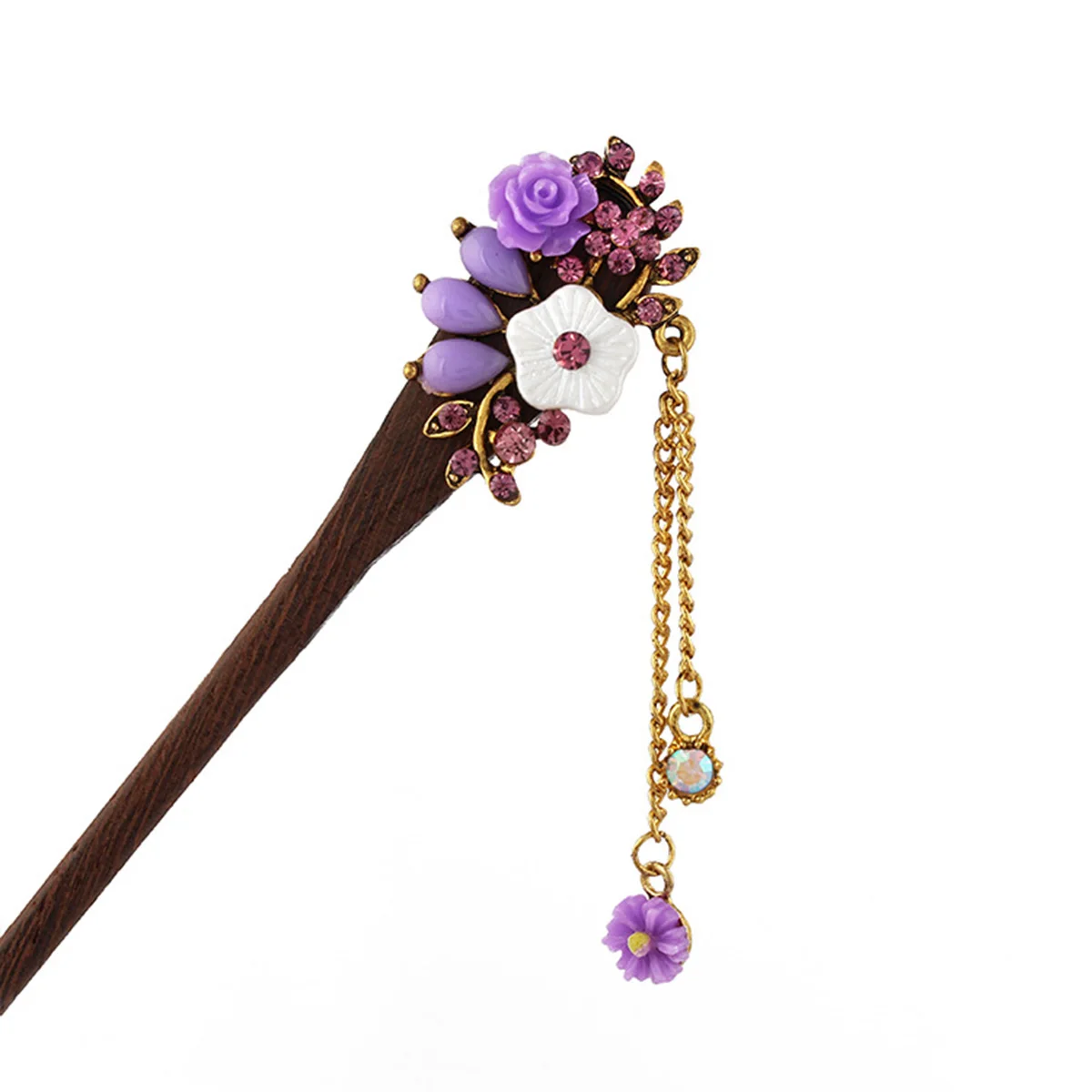 

Wooden Hair Stick Vintage Flower Pearl Chain Hair Pin for Women Wedding Dance Party Traditional Retro Style
