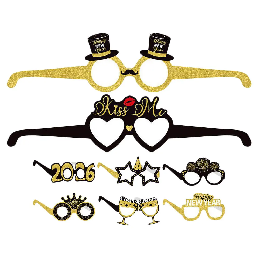 

8Pcs New Year 2026 Glasses Party Eyewear Black Gold Number Glasses Holiday Celebration Photo Props Reusable Decor