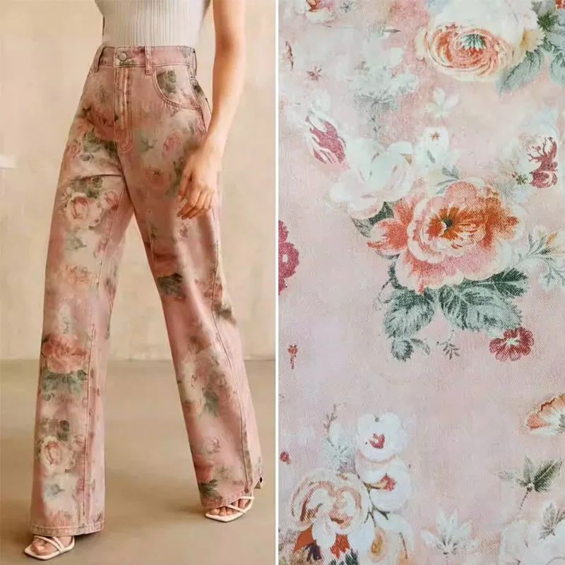 

Pink Background Flower Printed Stretch Cotton Sateen Fabric For Women's Dress Pants Handmade DIY Cloth Sewing Material