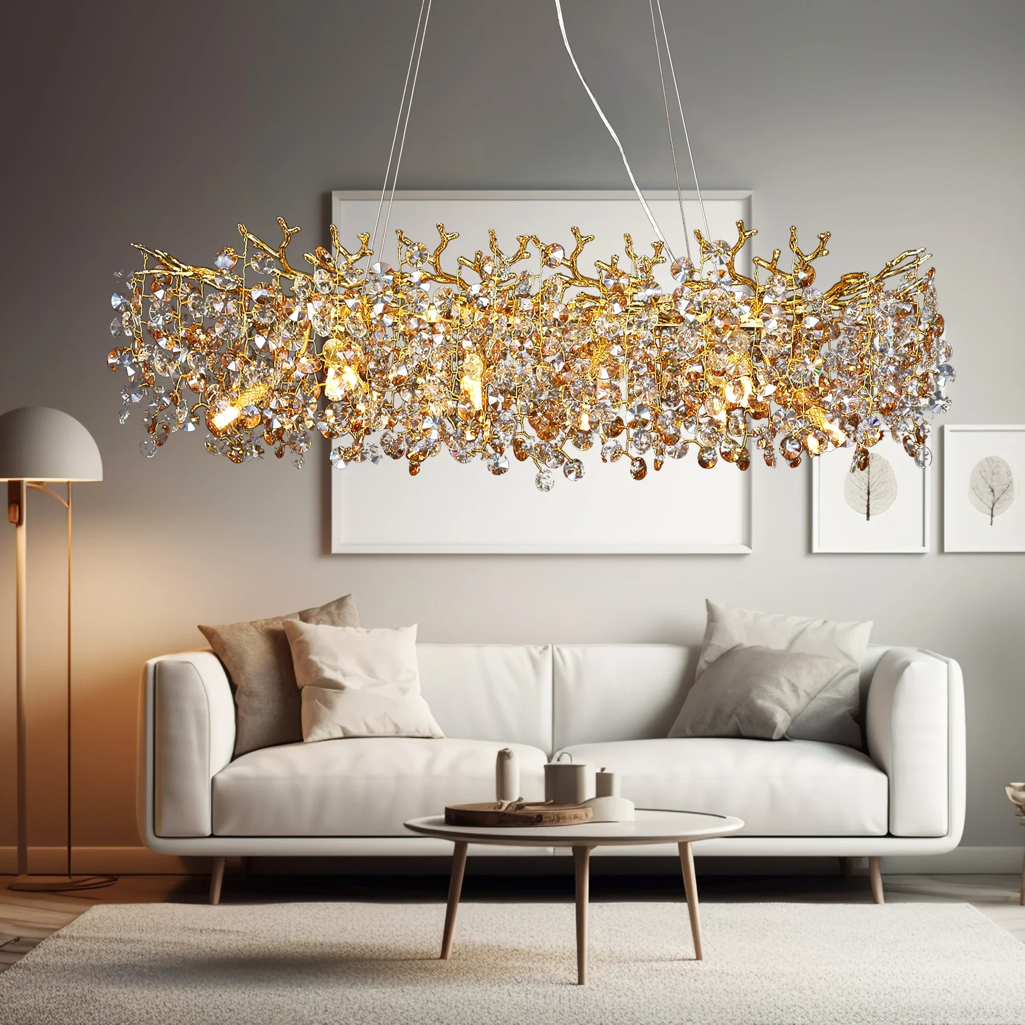 Modern Living Room LED Crystal Gold Large Chandelier Kitchen Long Pendant Lamp Restaurant Island Hanging Light Lustre Fixture