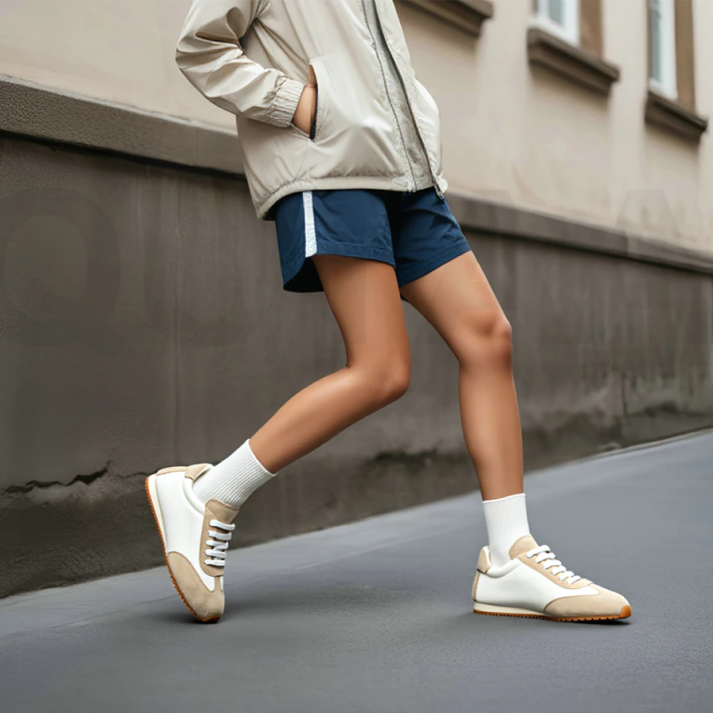 Women's Cow Suede Lace-Up Sneakers - Round Toe Flats Shoes