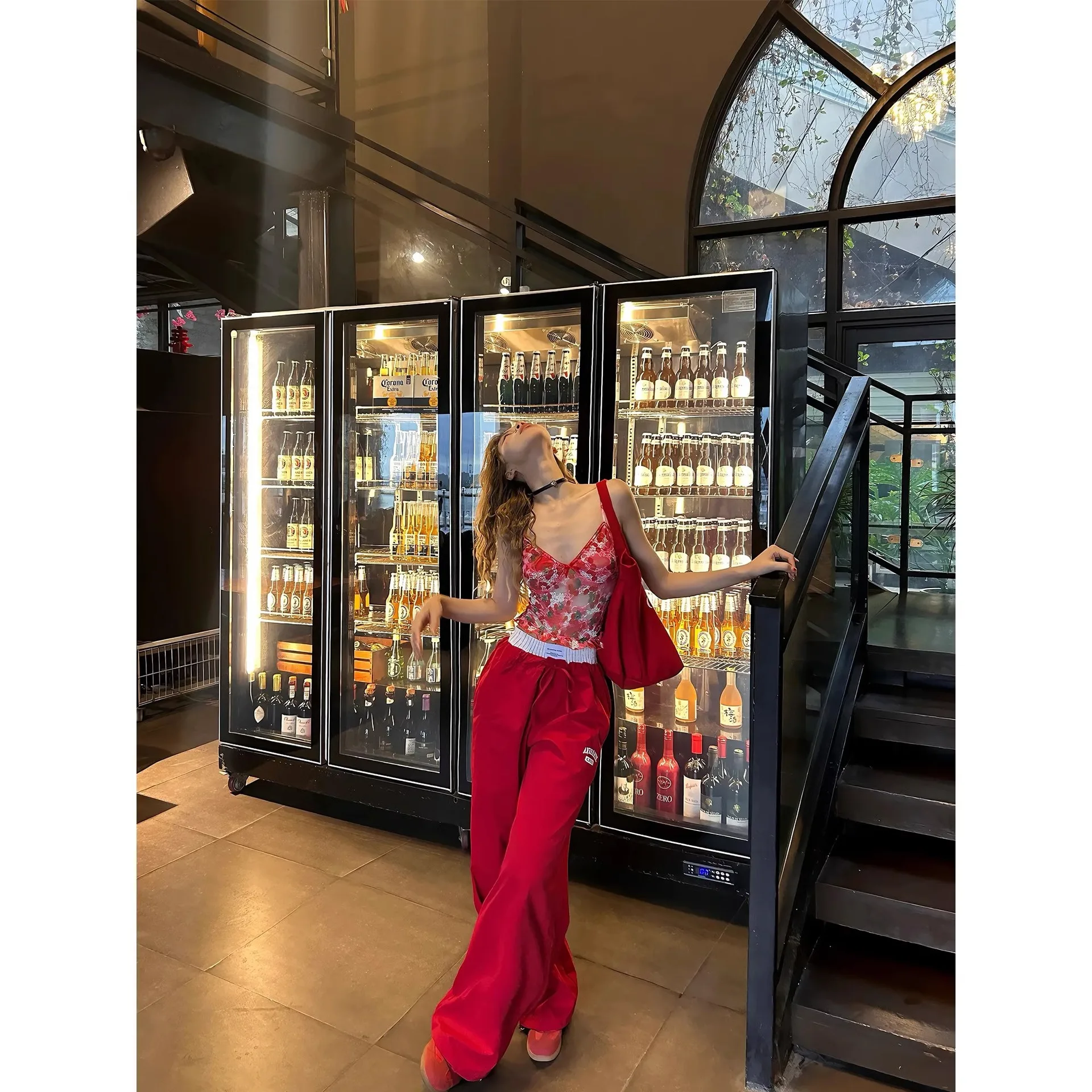 2026 New Women American Style Patchwork Fake Two Piece Embroidered Wide Leg Pants Y2K Streetwear Baggy Casual Trousers