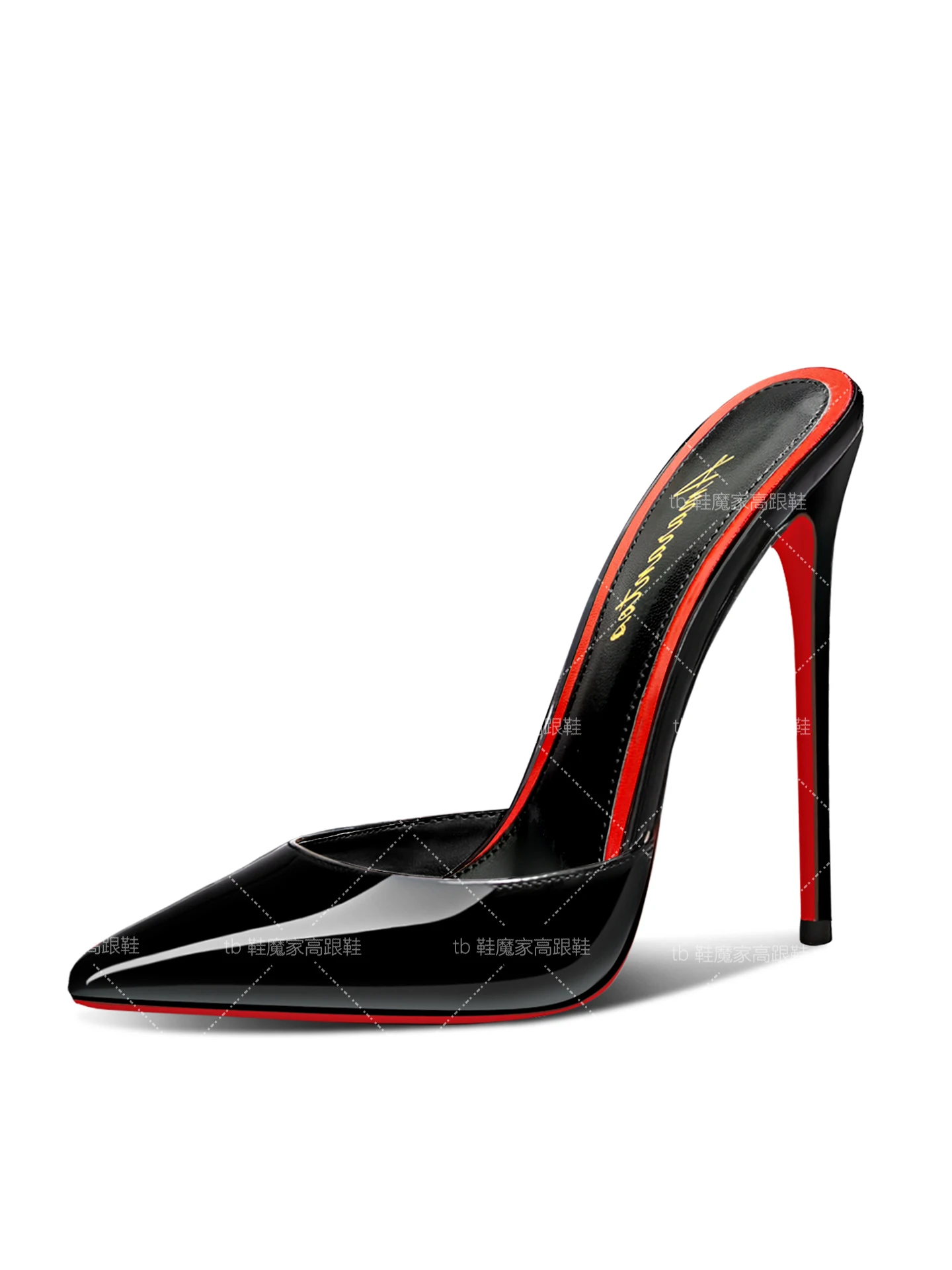 

2025 new black bag head sandals women's pointed head red sole high heels ultra-thin heel one-word empty half slippers outside