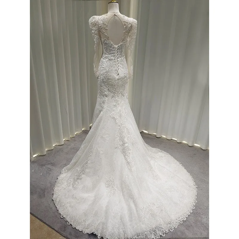 Novo vestido de tecido principal sem alças de chiffon rabo de peixe de renda para fotografia de estúdio