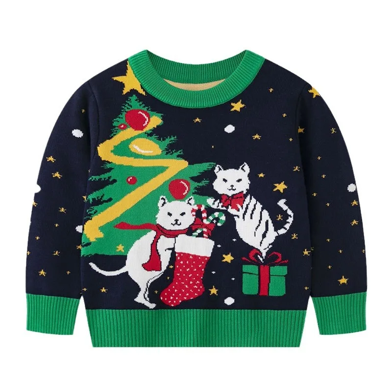 New 2025 Kids Cartoon Cat Jacquard Christmas Warm Knitted Pullover Sweater Casual Jumpers Baby Girls Autumn Winter Xmas Sweaters