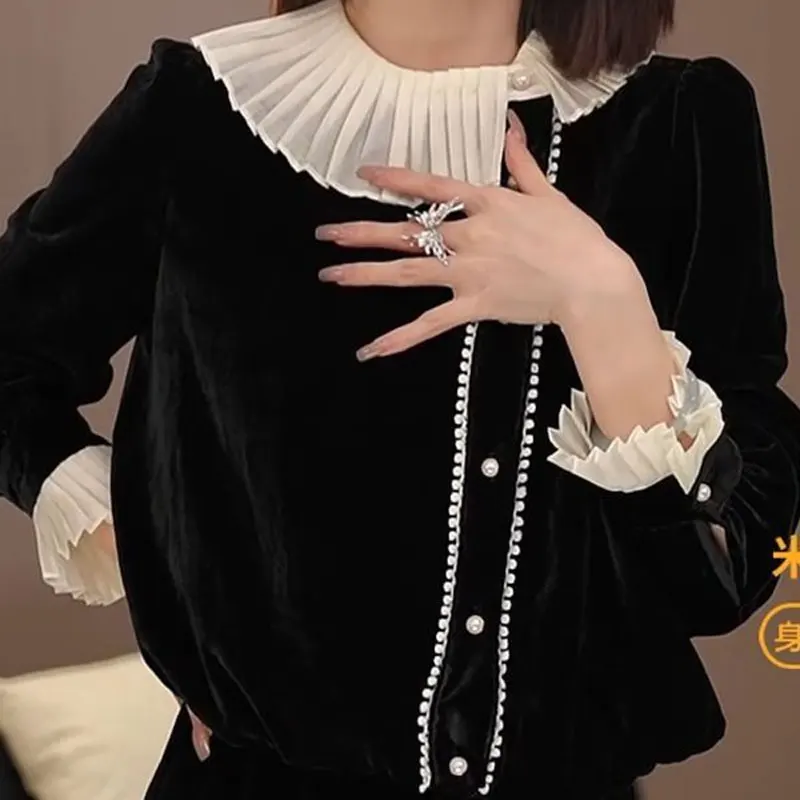 Vintage Fashion Pleated Shirt Spliced Ruffles Female Clothing Elegant Asymmetrical Spring Autumn Commute Single-breasted Blouse