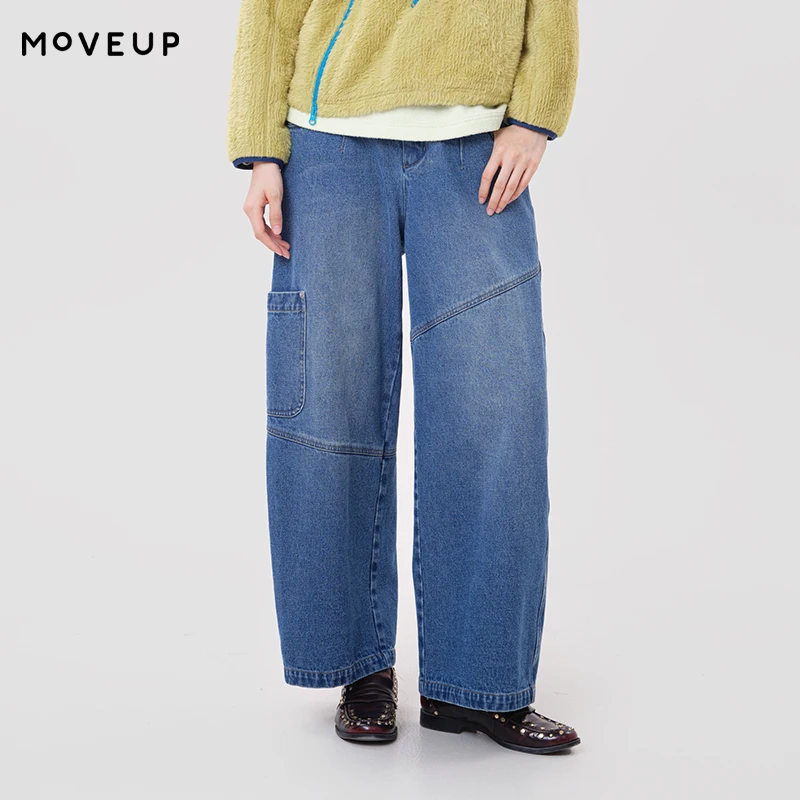 MOVEUP 100% Cotton Straight Denim Jeans 2026 Winter Elastic Back Waist Multi Pocket Loose Casual Wide Leg Trousers 3ELD40311