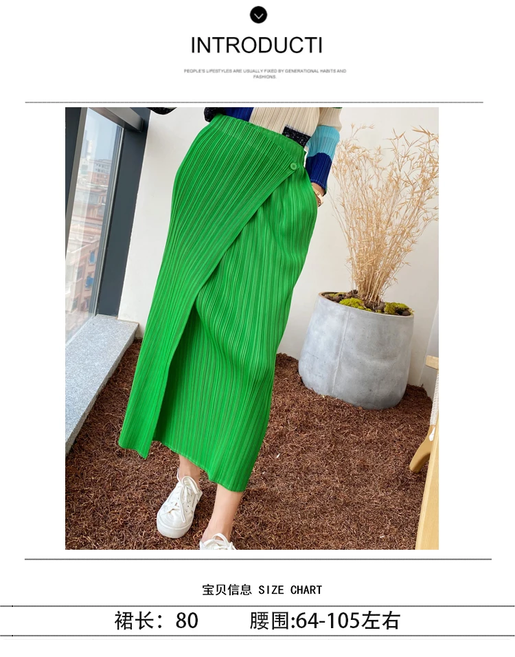 

HOT SELLING Miyake fashion fold pure color skirt design Back split waist button skirt IN STOCK