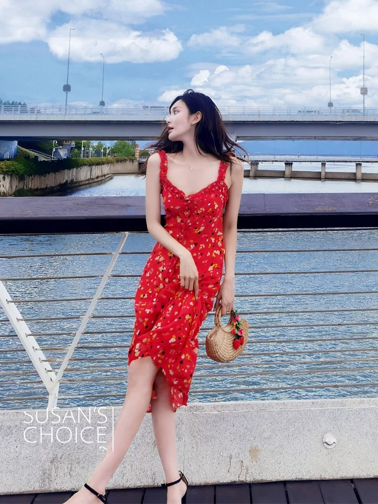 

Романтическое красное шелковое шифоновое пляжное платье с цветочным принтом Dr Midi на бретельках для молодых женщин, летний сезон, повседневное милое платье