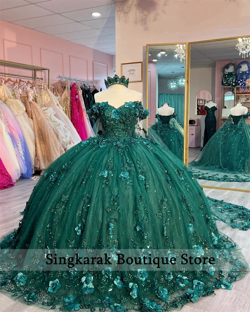 Robe Quinceanera verte émeraude à fleurs 3D avec cape, robe Sweet 16, perles de cristal, appliques de perles, fête, tout ce qui est personnalisé à 2024