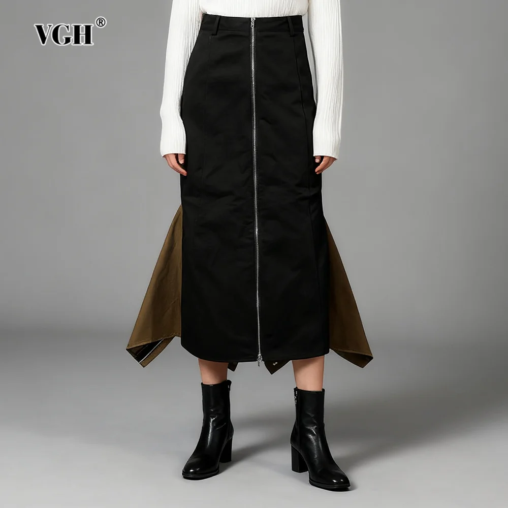 

VGH Personalized Zipper Irregular Hip Hugging Fish Tail Skirts For Women High Waist Spliced Folds Designer Skirt Female Fashion