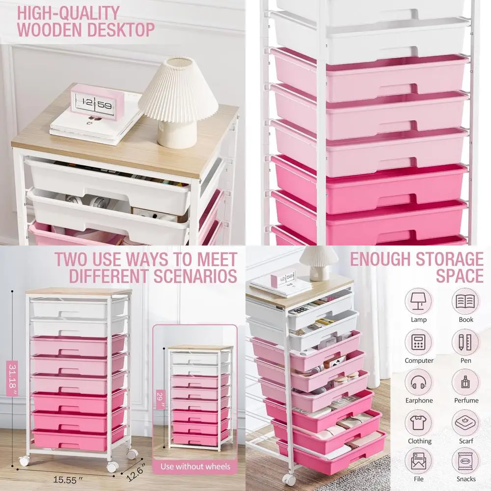 

Portable Pink Storage Cart with 8 Drawers, Wooden Top, Craft & Teacher Use