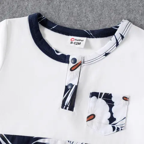 PatPat Familjematchande vita spaghettibandsklänningar med volanger, v-ringning, splicing, blommönster och kortärmade t-shirts 10 best sales familjeklänning för mor far och son - №2